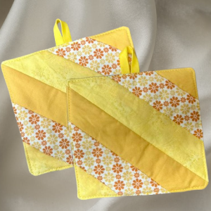 Yellow Floral Quilted Potholders – Bright Kitchen Décor Set