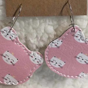 Pink Cat Earrings – Embroidered Faux Leather